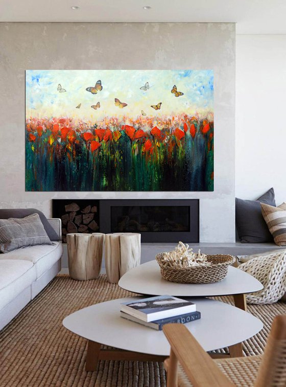 Welcome spring - Large abstract red flowers with butterflies, original artwork, abstract landscape