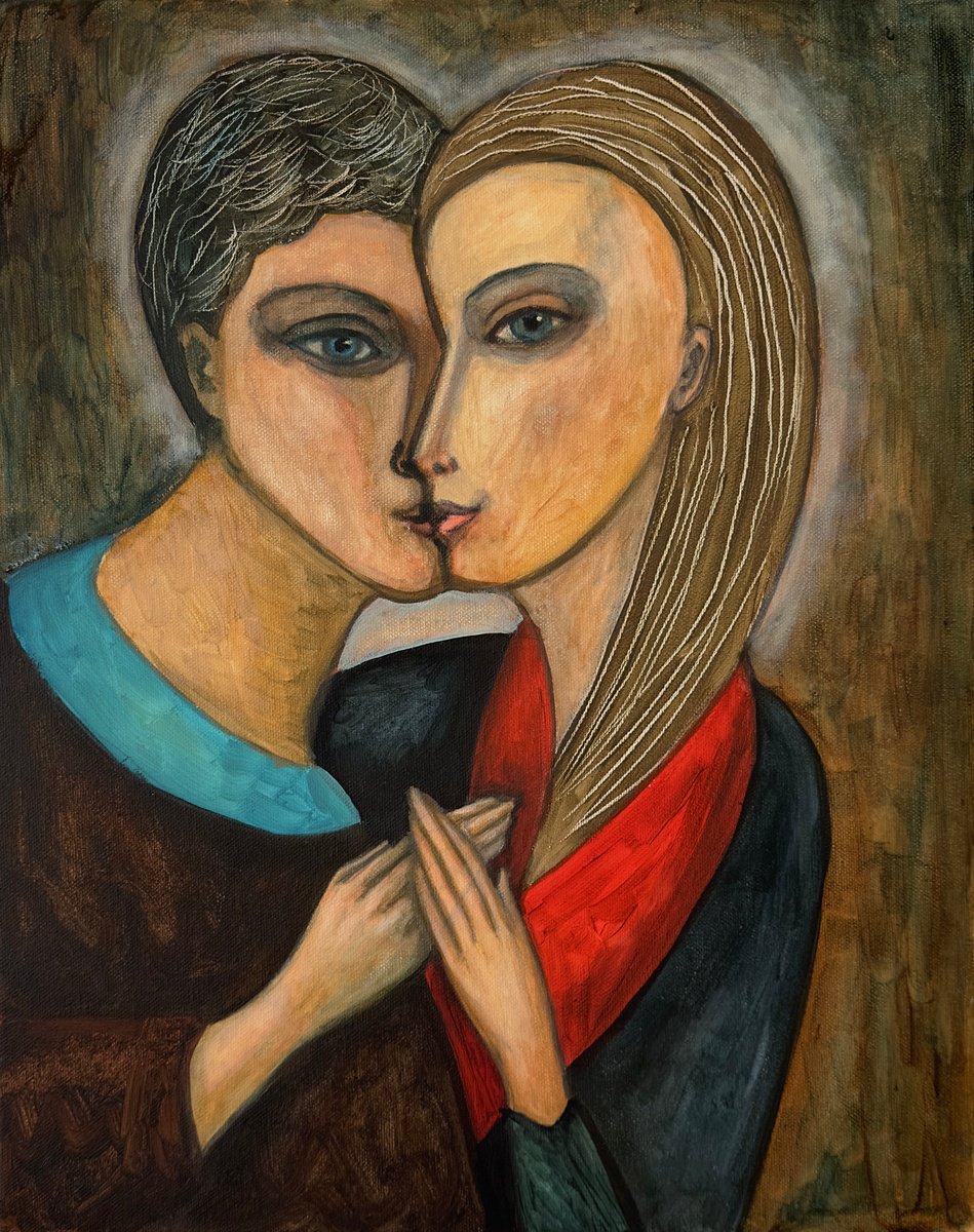Portrait Acrylic Painting By Nikola Gulev, 16 X 20", "Kiss", Original Artwork