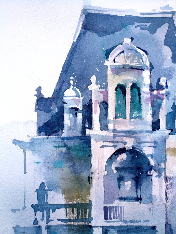 Architectural landscape in watercolor. Mansandra Palace in Yalta