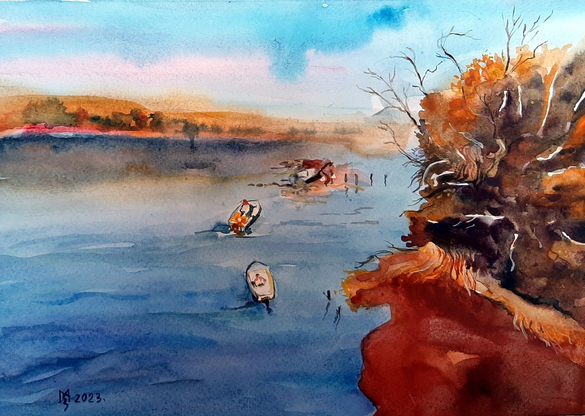 Impressionistic Landscape Watercolour By Zoran Mihajlovic Muza, 12 X 8", Scene From The River, Original Artwork