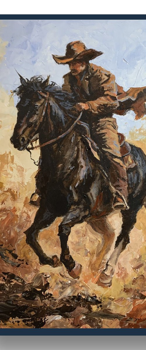 Cowboy on Horse Across a Dusty Prairie. by Vita Schagen