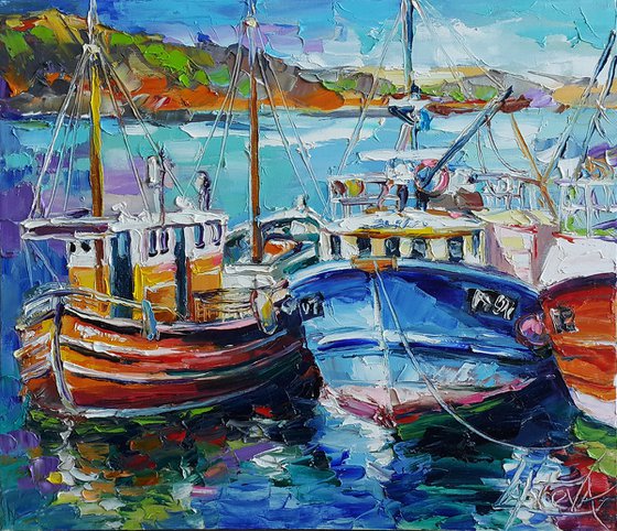 Painting Fishing boats, Nautical Painting, boat yacht bay