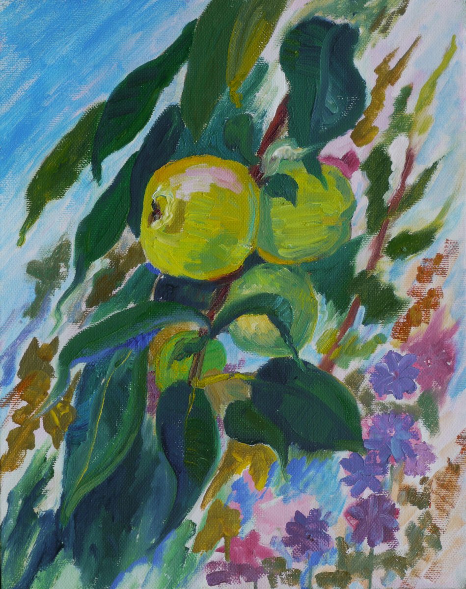 Impressionistic Botanical Oil Painting By Elena Lykhodid, 16 X 20, Green Apples, Original Artwork