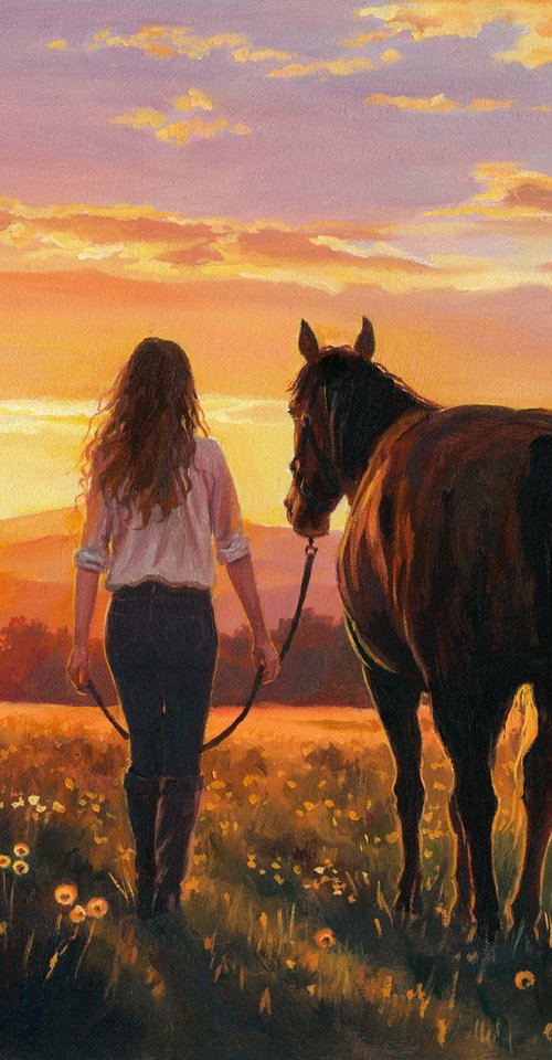 Woman walking with a horse in a sunset field by Lucia Verdejo
