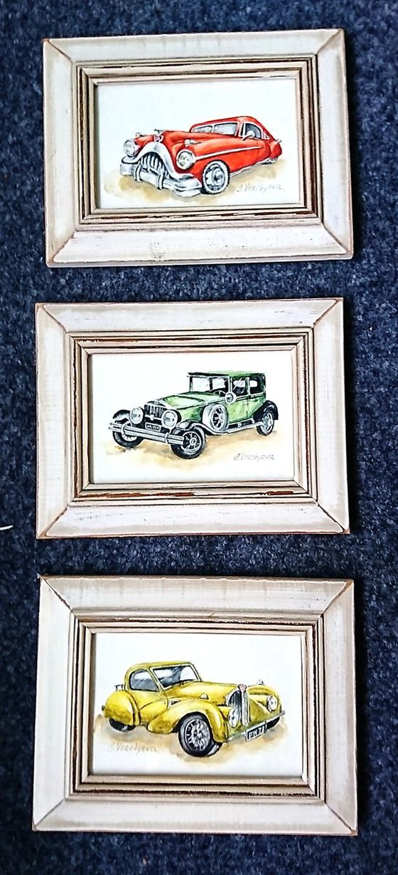 Green car. Watercolor miniature. Part from "Retro cars" series. Framed