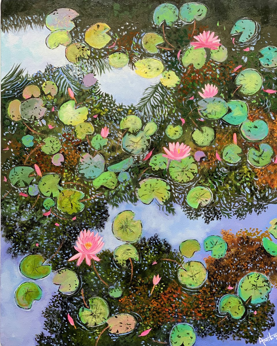 Impressionistic Landscape Acrylic Painting By Amita Dand, 16 X 20, Beautiful Pond, Original Artwork