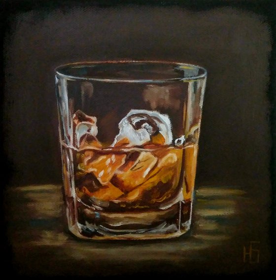 The glass of whiskey, Bourbon Painting Original Art Whiskey Ice Wall Art Cocktail Artwork