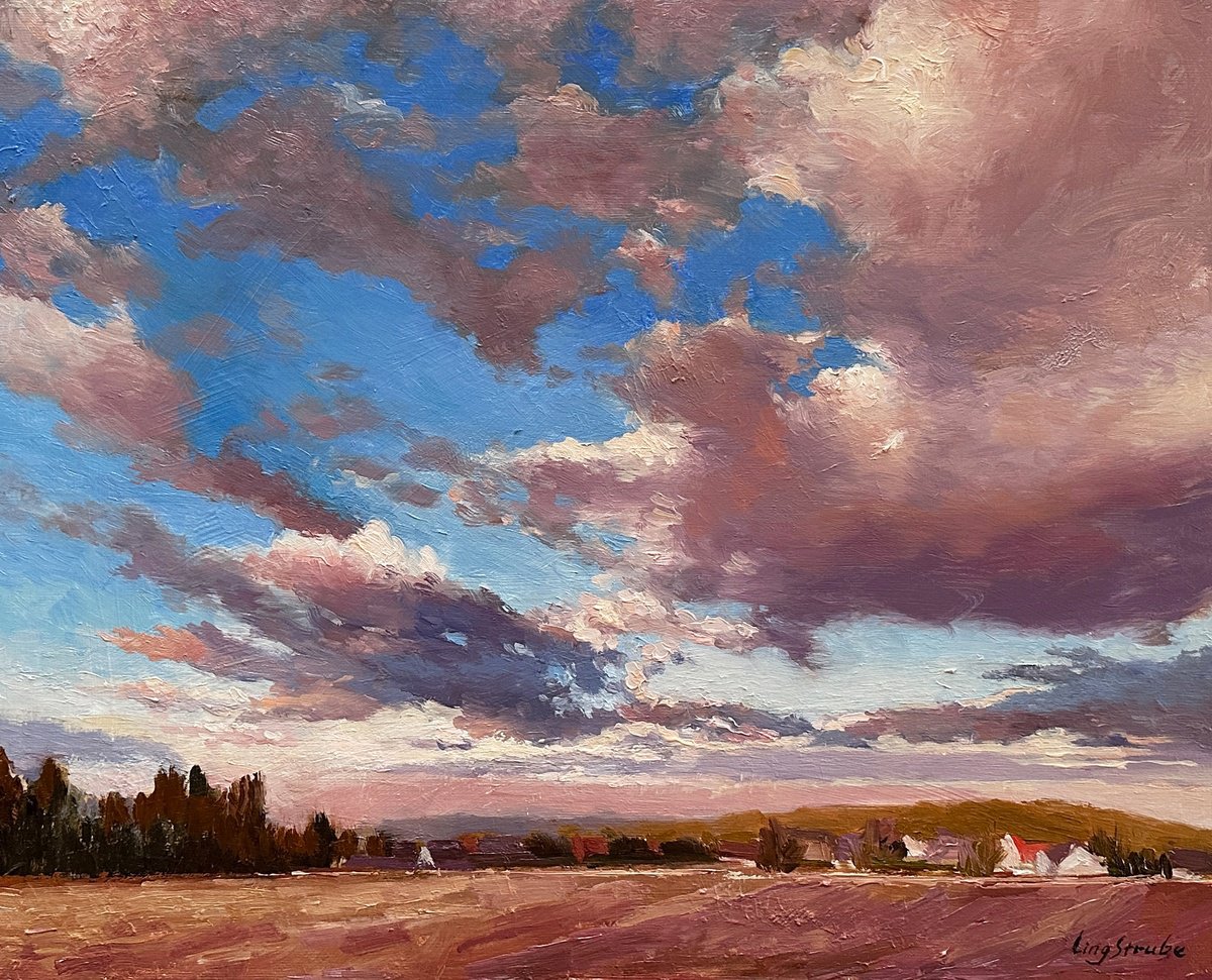 Impressionistic Landscape Oil Painting By Ling Strube, 20 X 16", Dramatic Evening Sky #2, Original Artwork