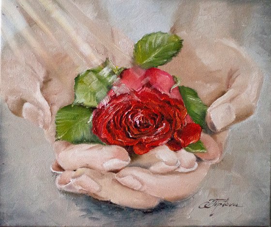 ''A gift for you''. Oil painting with rose.