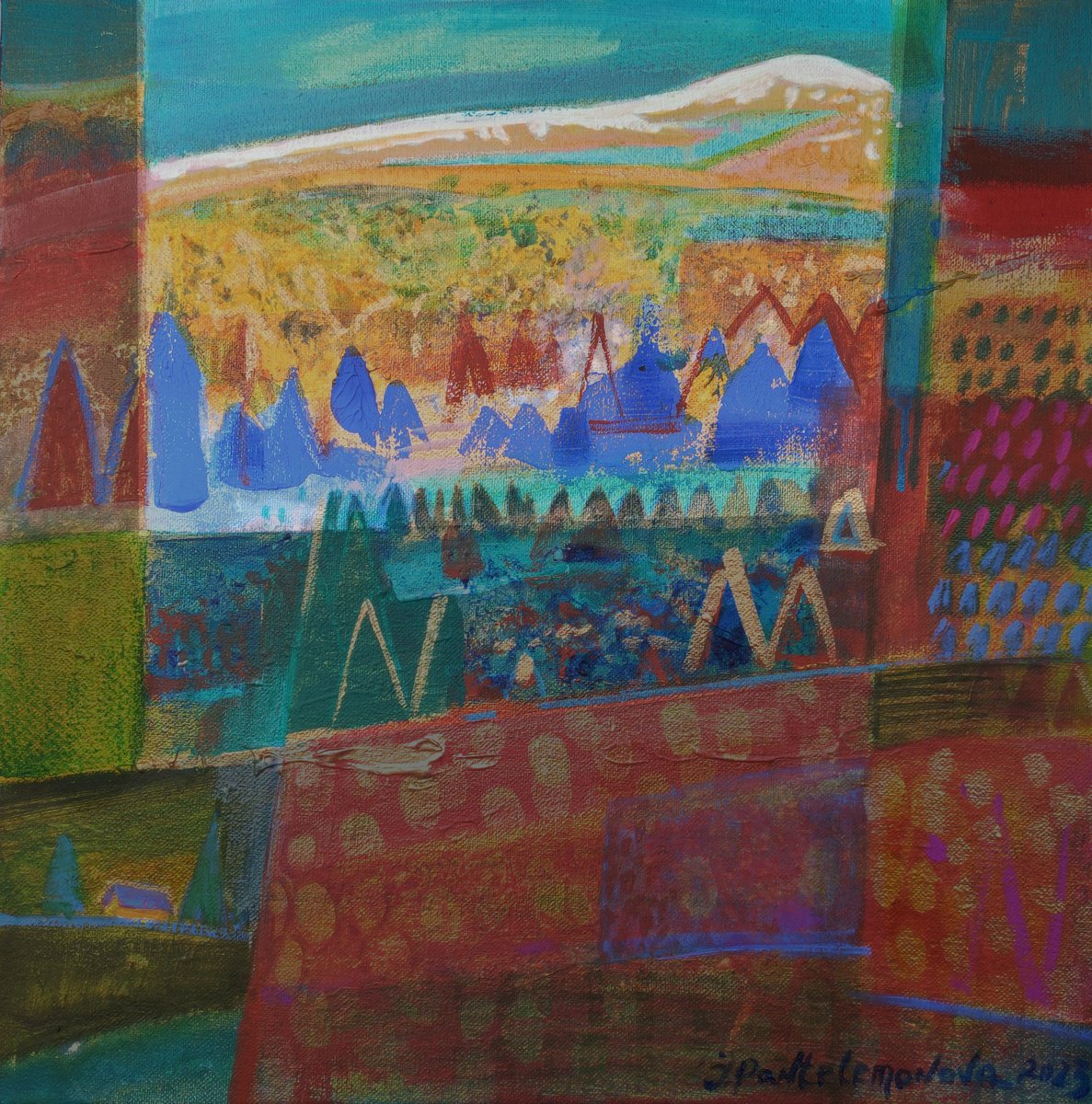 Impressionistic Landscape Acrylic Painting By Inna Pantelemonova, 16 X 16, They Outside The Window., Original Artwork