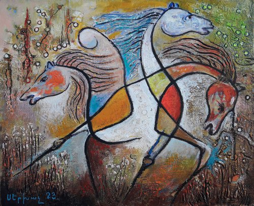 Abstract - Horses (50x40cm, oil/canvas, ready to hang) by Sergey Xachatryan