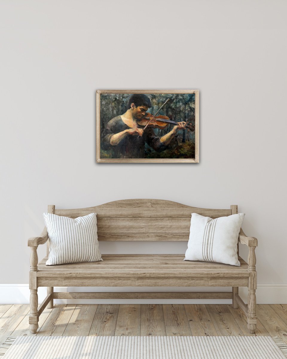 Expressive Portrait Oil Painting By Liubou Sas, 28 X 20", Violist, Original Artwork