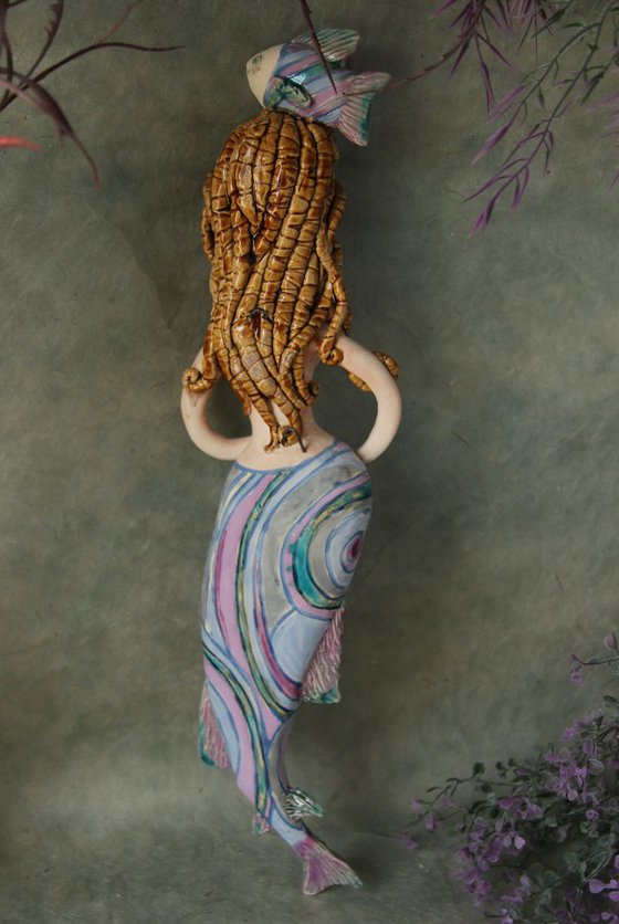 Mermaid with a fish,  Wall sculpture by Elya Yalonetski.