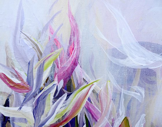 Original Abstract Floral Botanical Painting Textured Art Pink Purple Flowers