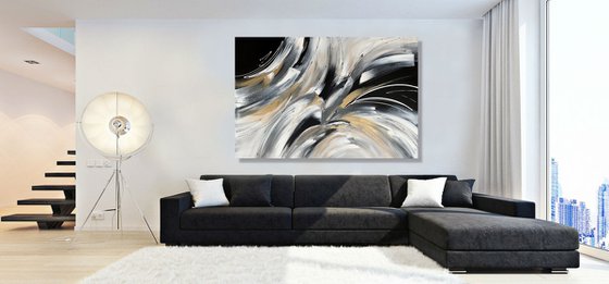 Wild and Free - XL LARGE;  GOLD, BLACK & WHITE ART; MODERN ABSTRACT ART – EXPRESSIONS OF ENERGY AND LIGHT. READY TO HANG!