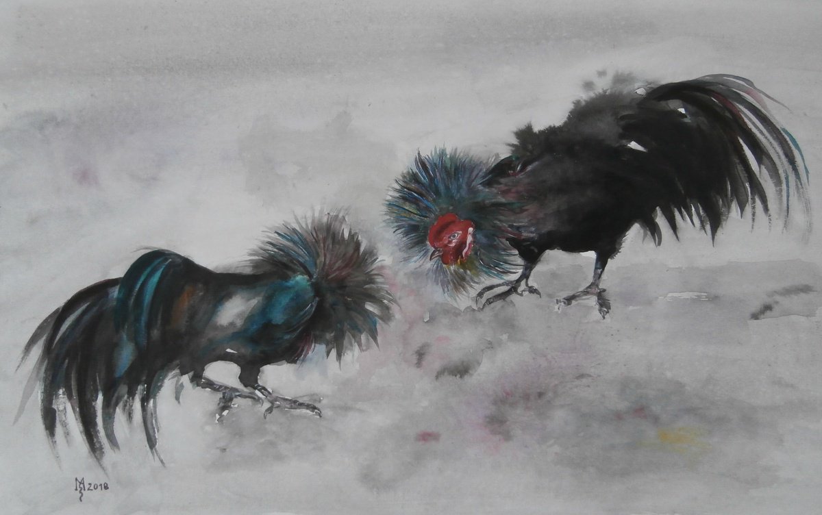Impressionistic Animal Painting By Zoran Mihajlovic Muza, 20 X 13", Fight Of The Roosters, Original Artwork
