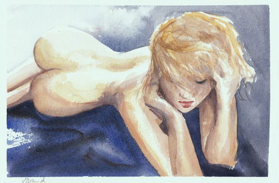 Lazing In Bed; ORIGINAL PAINTING NUDE EROTIC watercolour picture.