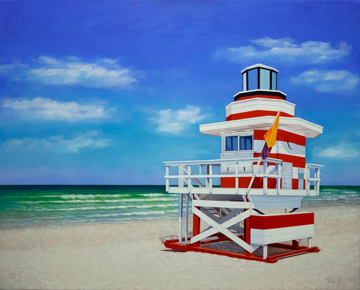 Landscape Oil Painting By Anastasia Woron, 32 X 26, Miami Lifeguard Tower., Original Artwork
