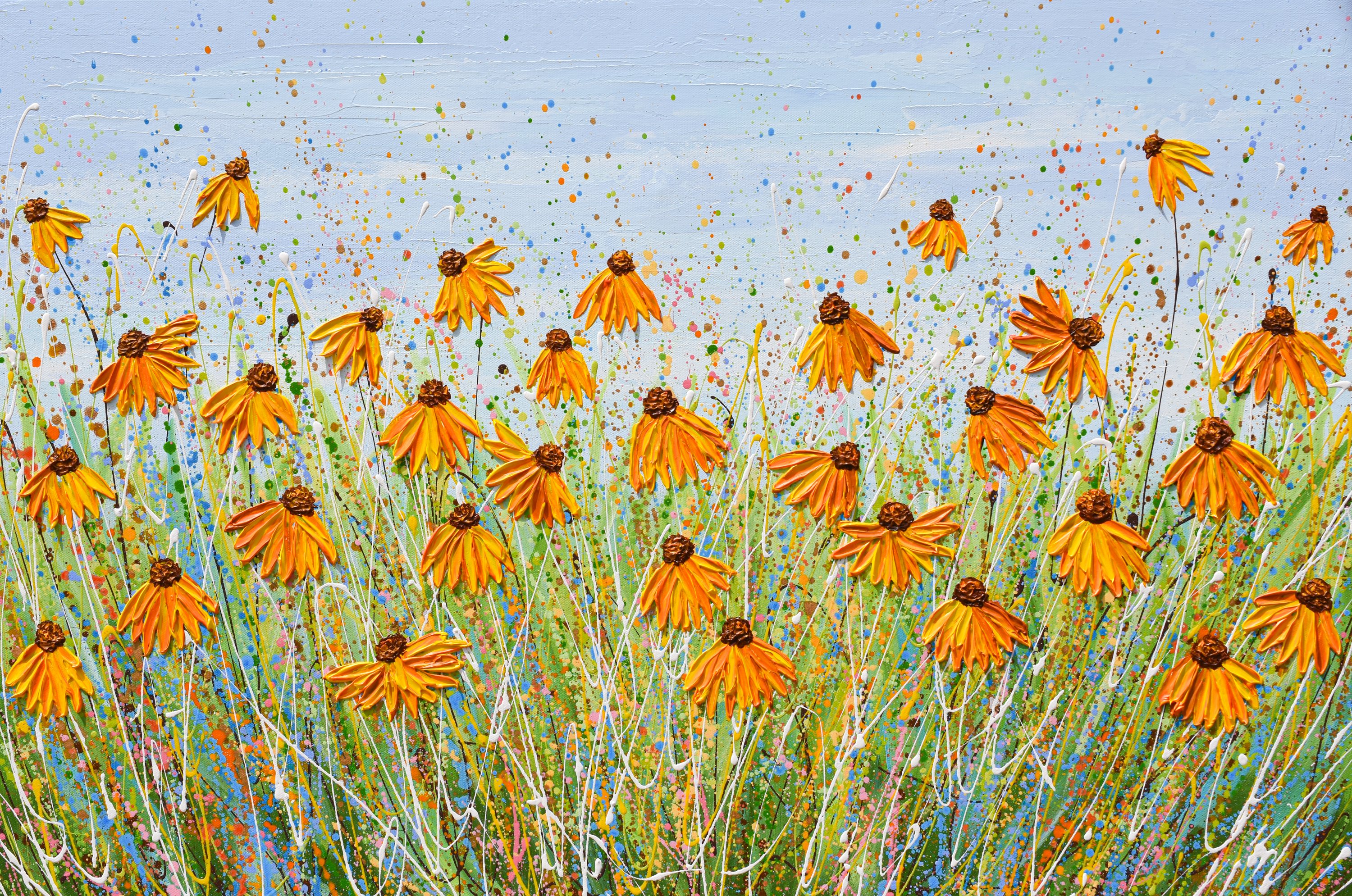 Impressionistic Botanical Acrylic Painting By Olga Tkachyk, 36 X 24", Yellow Echinacea, Original Artwork