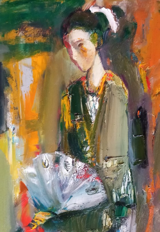 The girl with a fan (50x70cm, oil/canvas, abstract portrait)