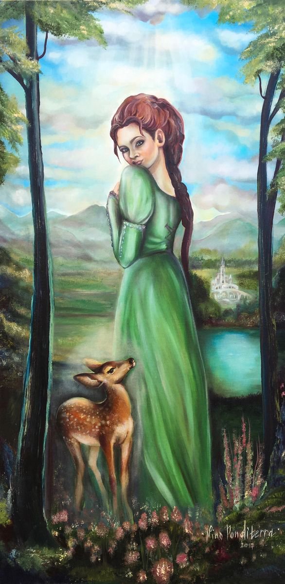 Bernadette and a fawn - original magical and spiritual oil art painting on stretched canva... by Nino Ponditerra