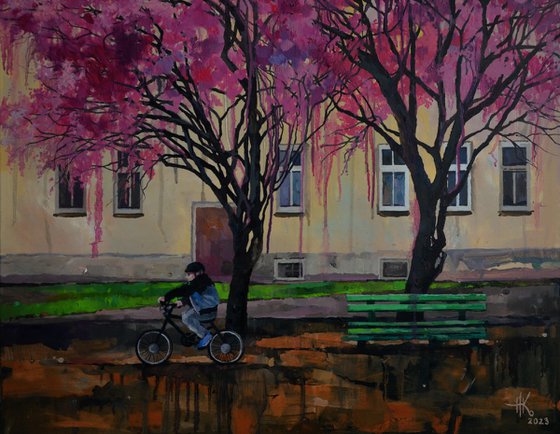 Blossoming. Cyclist