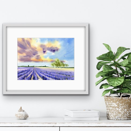 Lavender field original watercolor painting with Provance landscape, lavender flowers art