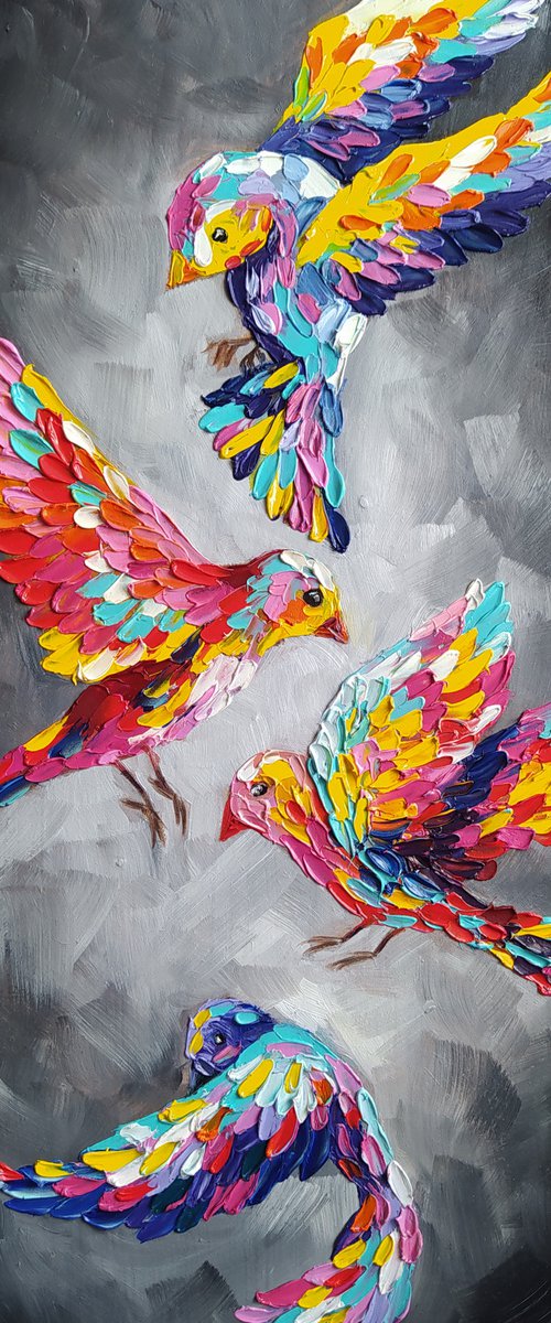 Flocks of birds - bird, lovers, birds, love, animals oil painting, art bird, impressionism, palette knife, gift. by Anastasia Kozorez