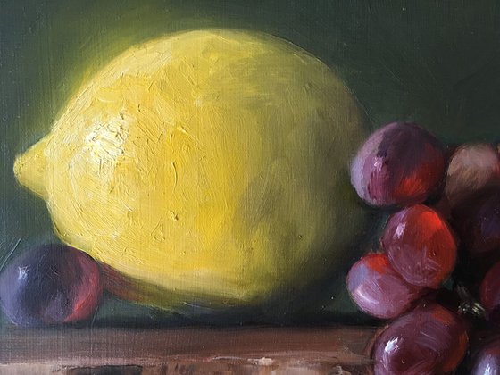Lemon & Red Grapes; Classical still life oil painting.
