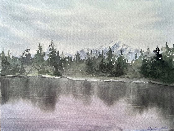 Original watercolour landscape, Canmore view, Canada, mountains, north nature