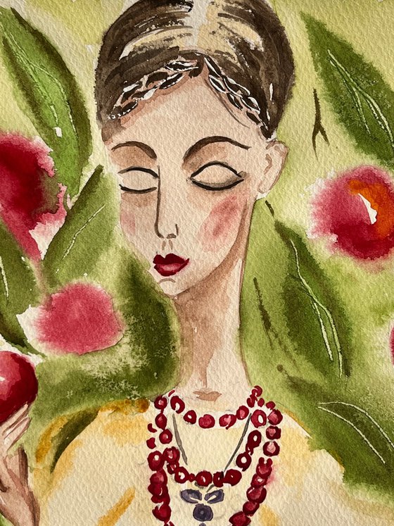 Apple from father's garden - Ukrainian woman original watercolor