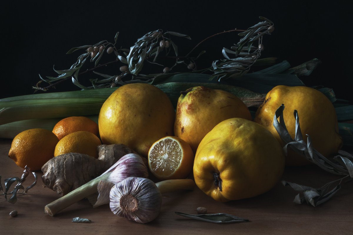 still life with quince, lemons and leek in the style of Dutch artists by Yuliya Ivanova