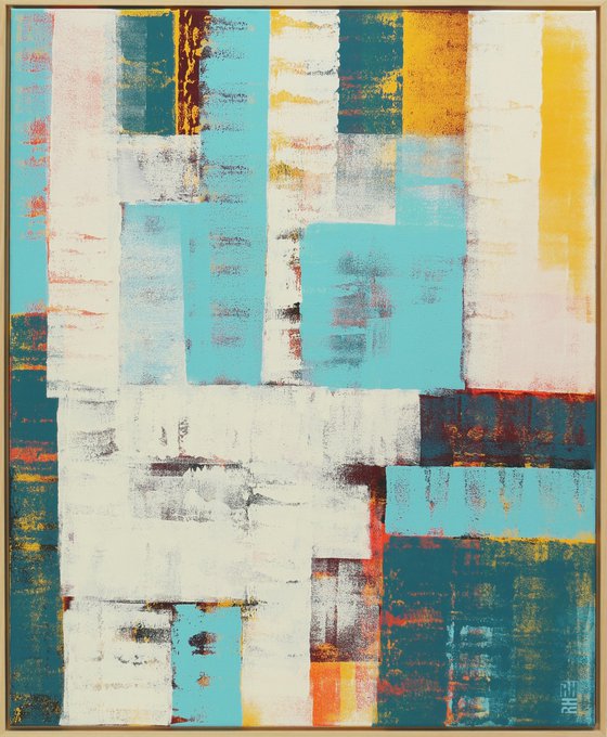 Vertical Abstract Painting - Incl Frame - Untitled in Yellow- 95x115cm - Ronald Hunter - 16J