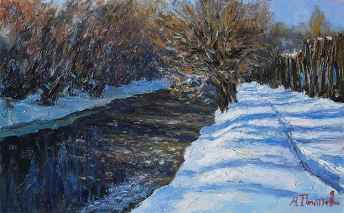 The sunny February day - winter landscape painting by Nikolay Dmitriev