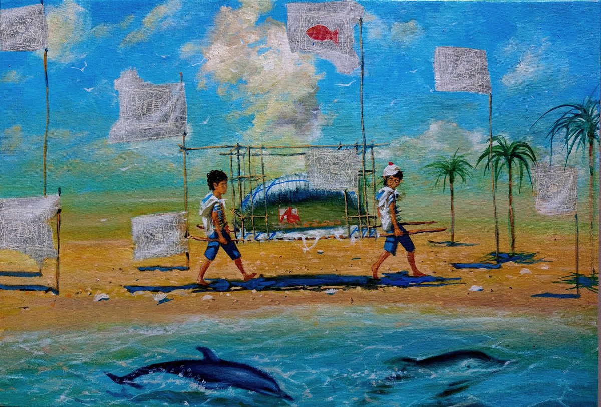 Surrealistic Landscape Oil Painting By Serhiy Roy, 22 X 15", Goldfish Feast., Original Artwork