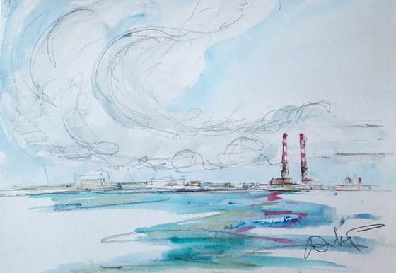 Storm clouds and blue skies over the Chimneys of Poolbeg, Dublin Bay