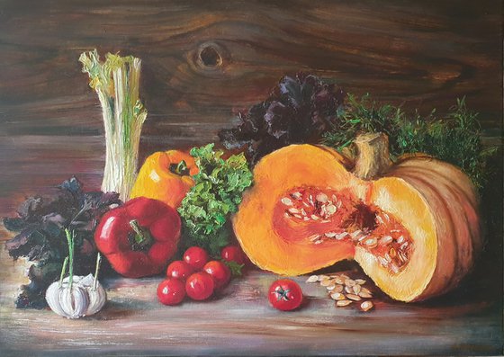 "Delicious still life." still life  liGHt original painting PALETTE KNIFE  GIFT (2016)