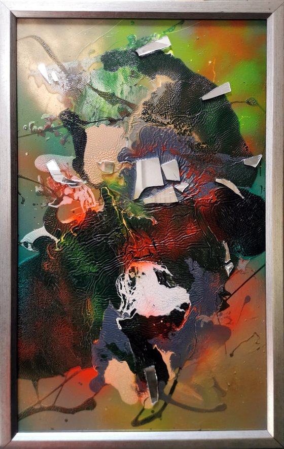 Original  mixed media on wood master Ovidiu Kloska Wind and flowers in a Tibet garden 5