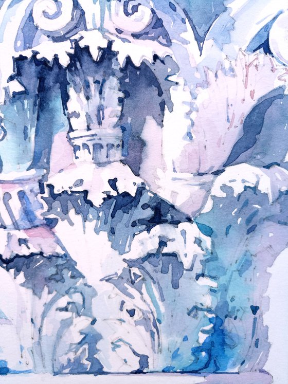 Modern architectural still life "The capital of an antique plaster column decorated with leaves and curls. A sketch in blue tones" original watercolor