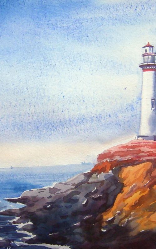 Lighthouse and Flowers land-Watercolor on Paper by Samiran Sarkar