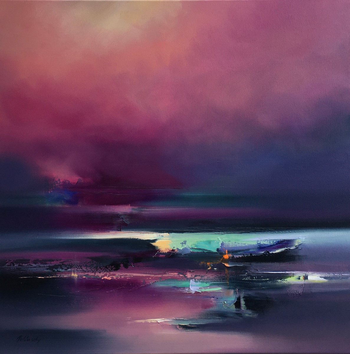 Impressionistic Landscape Oil Painting By Beata Belanszky Demko, 28 X 28, Silence Of The Night, Original Artwork