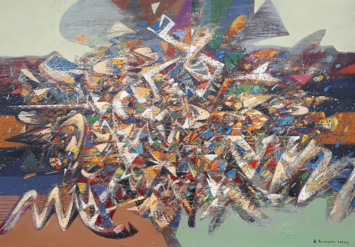 Abstract Oil Painting By Aram Sevoyan, 39 X 28, Attack, Original Artwork