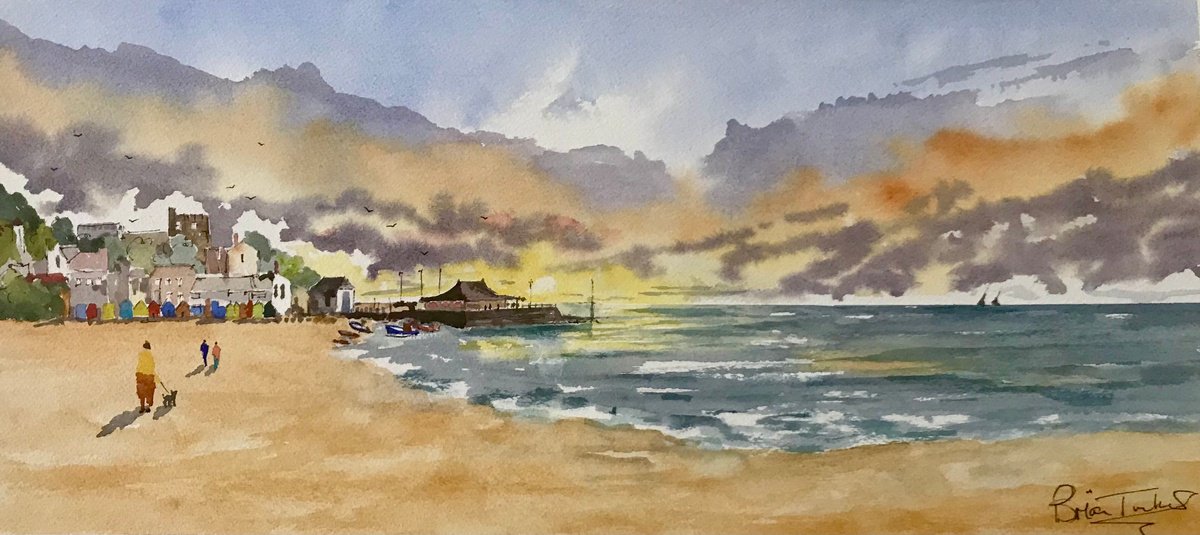 Impressionistic Landscape Watercolour By Brian Tucker, 18 X 8, Walking At Broadstairs, Original Artwork