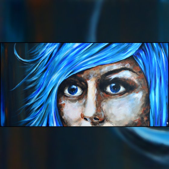 Blue Fear - XXL Original New Contemporary Art Painting Portrait on Large Canvas Ready to Hang