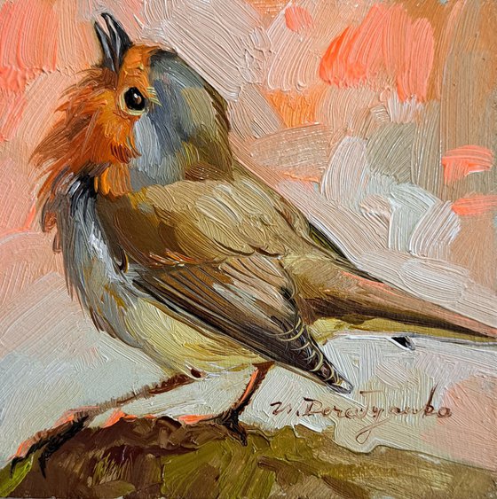 Bird painting original, Robin bird art painting framed miniature artwork 4x4 inch