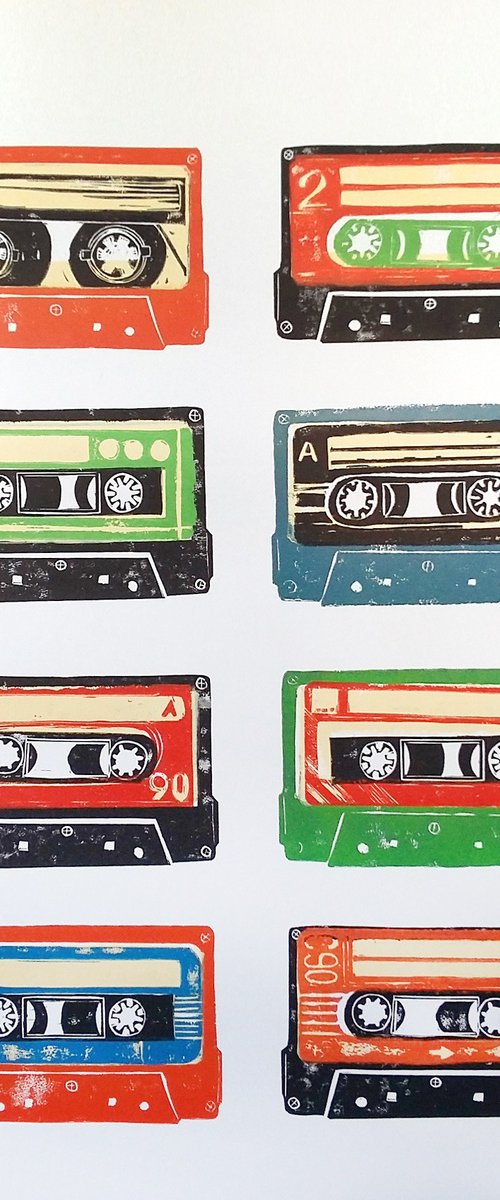 Linocut cassette tapes #57 by Carolynne Coulson
