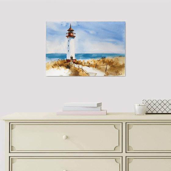 "Seascape with a lighthouse, summer sunny day" original watercolor artwork