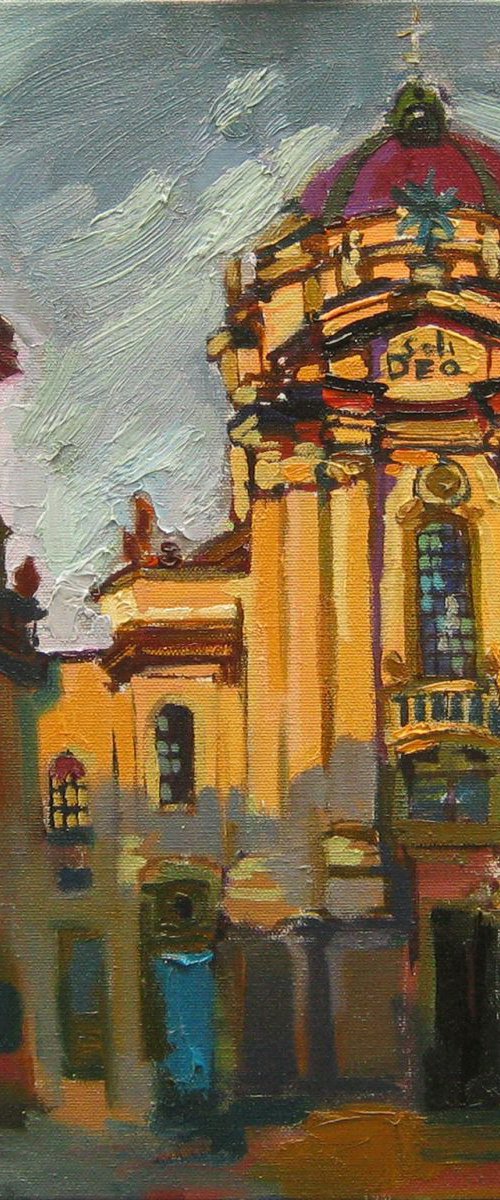 Dominican church in Lviv, Ukraine Original oil painting by Anastasiia Valiulina