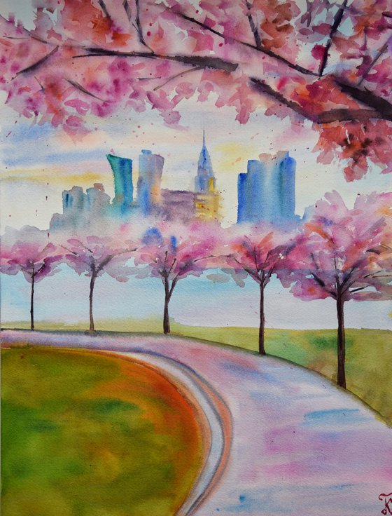 New York painting, Sakura flowers original watercolor painting, spring Manhattan