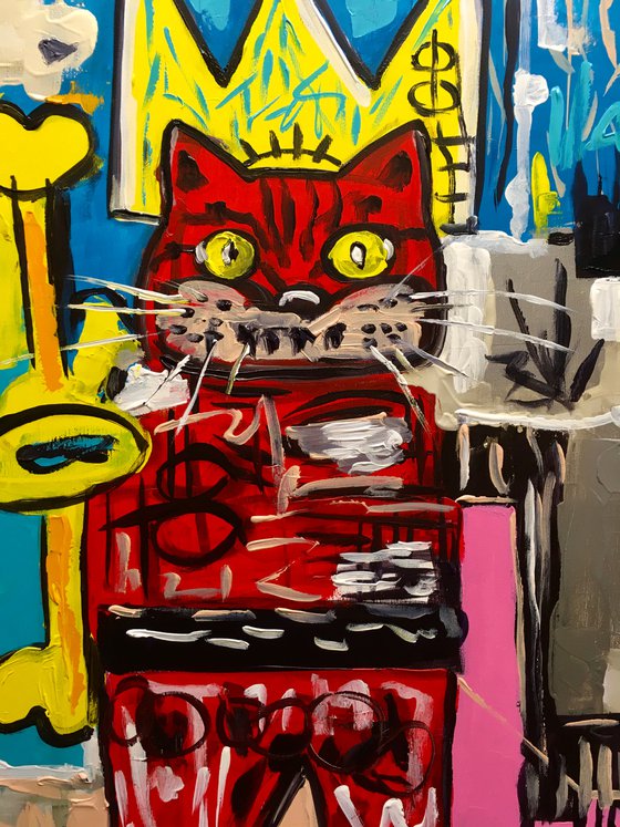 King Cat Troy  in a CROWN ( 81 x 51cm, 32 x 20 inches,) version of famous painting by Jean-Michel Basquiat